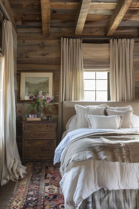 Embrace the quaint charm of rustic farmhouse bedrooms with this inspiring collection. See how you can transform your sleeping space with just a few key elements like plush linens and rustic furniture. Rustic Farmhouse Bedroom Ideas, Small Farmhouse Bedroom, White Iron Beds, Rustic Bedroom Ideas, Rustic Farmhouse Bedroom, Farmhouse Bedrooms, Farmhouse Bedroom Decor Ideas, Log Cabin Interior, Cabin Bedroom