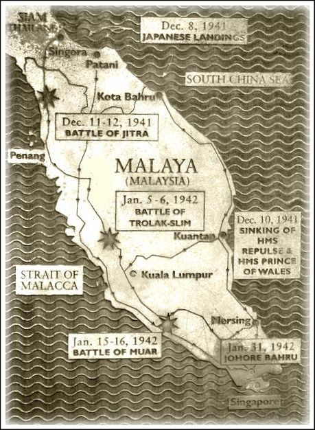 Old Map showing Japanese Invasion - the date and battles for Malaya Malaysia Vintage, History Of Malaysia, Malayan Emergency, Hms Prince Of Wales, New Palace, Asia Map, East Indies, Event Poster Design, History Timeline