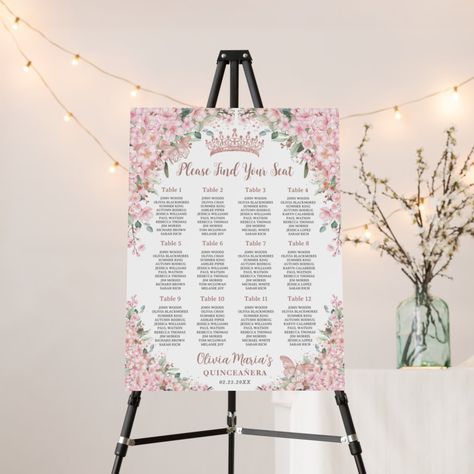 Seating Chart Birthday Party, Quince Seating Chart, Quinceanera Seating Chart, Rose Gold Quinceanera Decorations, Rose Gold Quinceanera Theme, Pink Seating Chart, Gold Quinceanera Theme, Debut Themes, 18th Debut