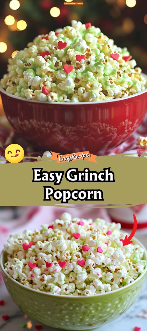 Grinch Popcorn Popcorn Mix Christmas, Grinch Popcorn Recipe Easy, Holiday Movie Night Snacks, Grinch Popcorn Recipe, Grinch Snacks, Movie Night Treats, Christmas Popcorn Recipes, Grinch Snack, Grinch Popcorn