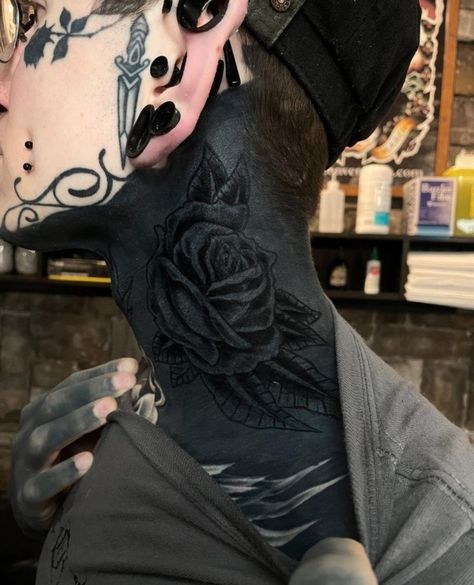 Black Out Neck Tattoo, Black Neck Tattoo, Blackout Neck Tattoo, Black Out Tattoos, Black Out Tattoo, Magic Tattoo Ideas, No Regrets Tattoo, Tattoo Neck, Throat Tattoo