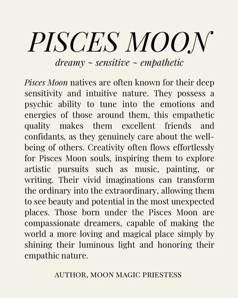 Your Moon Sign 🌚 Part 2 From Libra ♎️ to Pisces ♓️ Your Moon sign profoundly influences your spiritual journey, shaping your deepest emotional responses, subconscious habits, and instinctual behaviors. It reveals how you nurture yourself and others, your intuitive inclinations, and what brings your soul nourishment and inner peace. Spiritually, your Moon sign guides your path to emotionally transformative growth, highlighting the lessons your soul needs to learn in this lifetime. For... Pieces Moon Sign, Pisces Moon Woman, Pisces Moon Sign, Soul Nourishment, Moon In Pisces, Nurture Yourself, Pisces Moon, Astrology And Horoscopes, Moon Signs