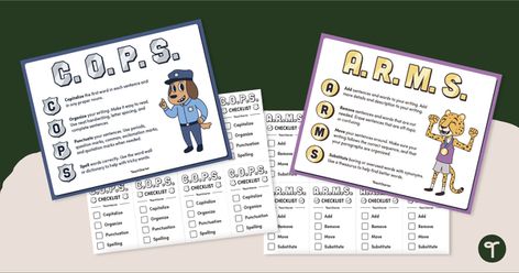 ARMS and COPS Writing and Editing Posters and Checklists | Teach Starter Explanation Writing, Assessment Checklist, Writing Checklist, Explanation Text, Procedural Writing, Writing Anchor Charts, Descriptive Writing, Sentence Structure, Informational Writing