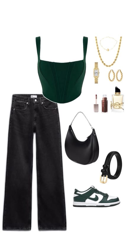 Dark green outfit inspiration, fashion, Nike dunk low, golden jewells, watch #ad #sponsored #affiliate Jeans - https://amzn.to/3Uun64w Top - https://amzn.to/3Upua29 Shoes - https://amzn.to/44b4Dx6 Bag - https://amzn.to/3xKwdoN Accessories - https://amzn.to/4aPcmU4 https://amzn.to/3QccIvx https://amzn.to/3W7xyjB https://amzn.to/3W7gSsc https://amzn.to/49JXCUX Dark Green Top Outfit, Trendy Jeans For Women, Dark Green Outfit, Dunk Outfits, Green Top Outfit, Dunk Outfit, Dunks Outfit, Nike Shoes Outfits, Outfit Primavera