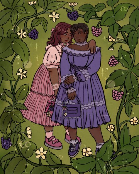 Digital art of two fat women wearing frilly dresses standing next to each other. One is leaning on the other. There's a frame of blackberry and raspberry vines. Blackberry Outfit, Blackberry Aesthetic, Dandelion Aesthetic, Lolita Outfits, 2d Design, Artistic Images, Aesthetic Outfit, Blackberry, Beautiful Art