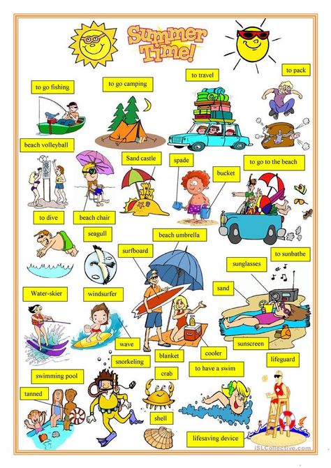 Summer time - English ESL Worksheets Summer Vocabulary, Worksheet Coloring, Activity For Kindergarten, Weather Vocabulary, Summer Worksheets, Picture Dictionary, English Vocab, Kids English, English Language Teaching