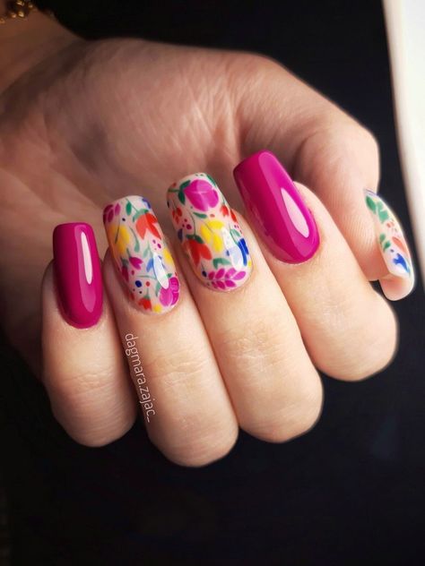 40Cute Easter Nails Perfect For Your Festive Mani2023 Mexican Flowers Nails, Mexican Pink Nails, Pink Talavera Nails, Fiesta Theme Nails Mexican, Folk Nail Art, Pink Mexican Nails, Mexican Flower Nails, Folk Art Nails, Folk Nails