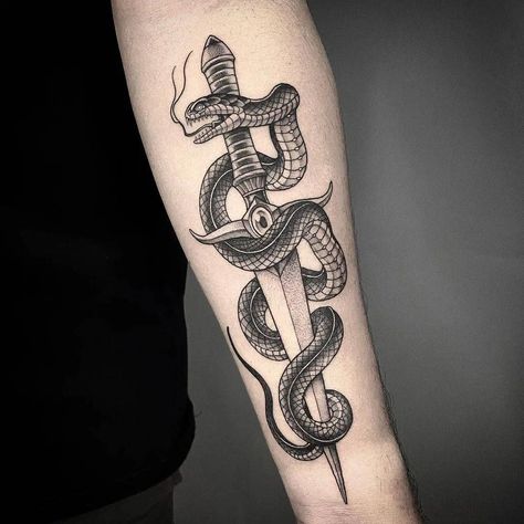 Snake And Dagger Tattoo, Snake Tattoo Ideas, Snake Tattoo Meaning, Around Arm Tattoo, Wrap Around Tattoo, Butterfly Tattoo Meaning, Inner Forearm Tattoo, Back Of Neck Tattoo, Snake Tattoo Design