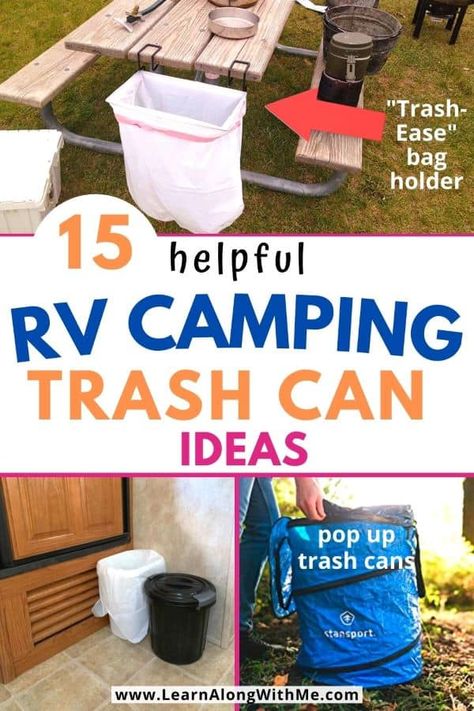 15 helpful RV Camping Trash Can Ideas - Learn Along with Me Rv Garbage Can Storage Solutions, Rv Garbage Can Ideas, Outdoor Trash Can Ideas, Camping Trash Bag Holder, Trash Can Ideas, Camping Trash Can, Rv Storage Ideas, Garbage Can Storage, Hanging Trash Can