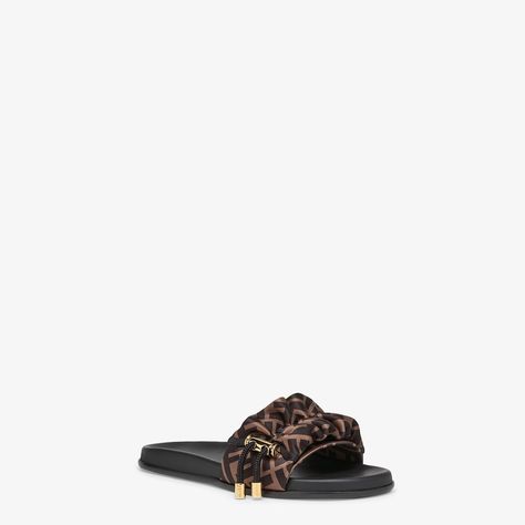 Fendi Feel Beach Sandals Flip Flops, Fendi Sandals, Fendi Logo Design, Fendi Store, Fendi Logo, Brown Satin, Designer Slippers, Tory Burch Miller Sandal, Casual Flats