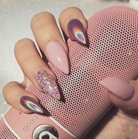 Follow @ peachessbaby ✨ for daily pins Almond Nails Holographic, Nails Pink Glitter, Nail Options, Nails Holographic, Bday Stuff, Acrylic Overlay, Pink Glitter Nails, Perfect Manicure, Edgy Nails