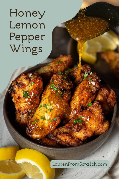 These honey lemon pepper chicken wings are super crispy with a sweet, tangy, and peppery glaze. The glaze is made from honey, lemon pepper, and black pepper with just a kick of heat. This recipe uses my secret ingredient for the crispiest baked chicken wings ever! Crispy chicken wings are a perfect appetizer or main dish, or when you want a fun snack. This lemon pepper wings recipe with its sweet sticky sauce is great for football season and game night too! Honey Lemon Pepper Chicken Wings Recipe, Honey Lemon Pepper Chicken, Lemon Pepper Wings Recipe, Honey Lemon Pepper Wings, Lemon Pepper Chicken Wings Recipe, Lemon Pepper Sauce, Pepper Chicken Wings, Sticky Sauce, Lemon Pepper Chicken Wings