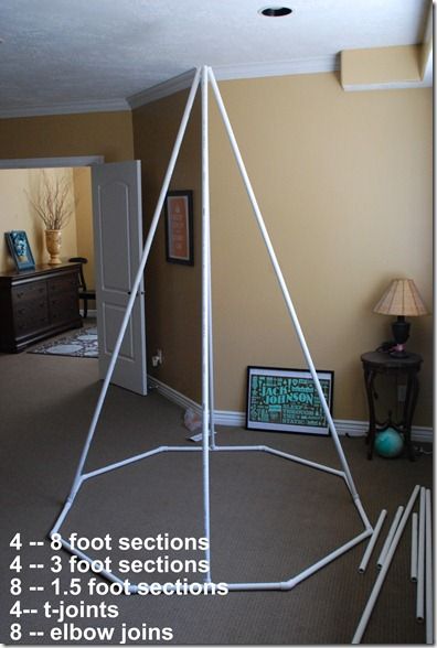 4 - 8 ft. sections  4 - 3 ft. sections  8 - 18 inch sections  4 - t joints  8 - 45 degree elbows  Drill holes in top poles and zip tie together Teepee Diy, Diy Kids Teepee, Reading Tent, Diy Tipi, Diy Teepee, Tipi Tent, Pvc Pipe Projects, Pvc Projects, Teepee Kids