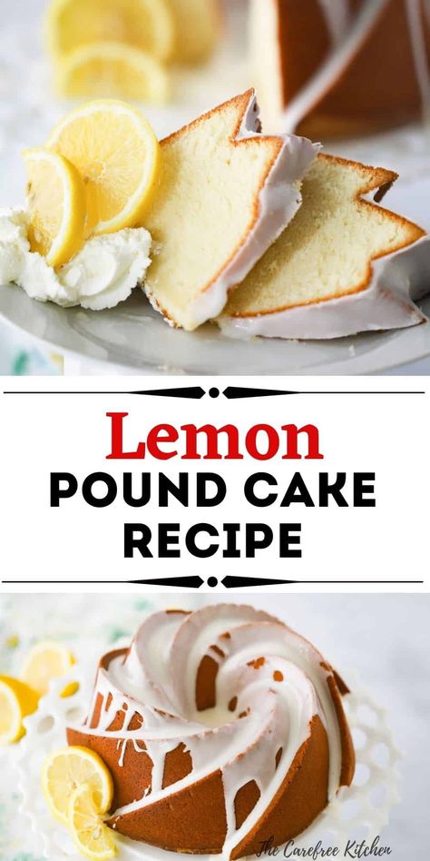 This Lemon Pound Cake is super moist with a dense crumb and intense lemon flavor. Topped with a sweet and sour lemon glaze, it’s simple, classic and perfect for any occasion. #thecarefreekitchen #lemon #poundcake #cake #dessert #bundt #classic Easy Lemon Pound Cake, Pound Cake With Cream Cheese, Lemon Sour Cream Cake, Pound Cake Glaze, Tube Cake Pan, Moist Pound Cake, Lemon Pound Cake Recipe, Easy Sweets, Sour Cream Cake