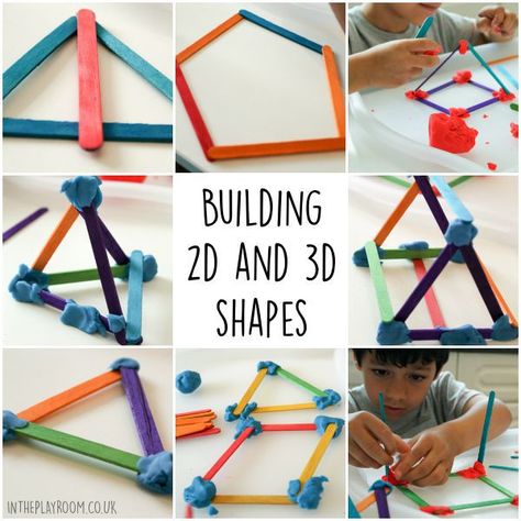 Building 2D & 3D Shapes with Craft Sticks - In The Playroom Cedar Art, Playdough Games, 2d 3d Shapes, 3d Shapes Activities, 2d Shapes Activities, Teaching Shapes, 2d And 3d Shapes, Construction Activities, Craft Sticks