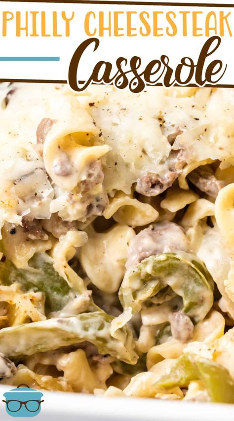 This Philly Cheesesteak Casserole recipe is filled with egg noodles, sliced ribeye steak, peppers and onions all coated in a creamy sauce. Cheese Steak Casserole, Philly Cheese Steak Casserole Recipe, Philly Cheesesteak Casserole, Steak Peppers, Cheesesteak Casserole, Steak Casserole, Philly Cheese Steak Casserole, Cheese Steak, Country Cook