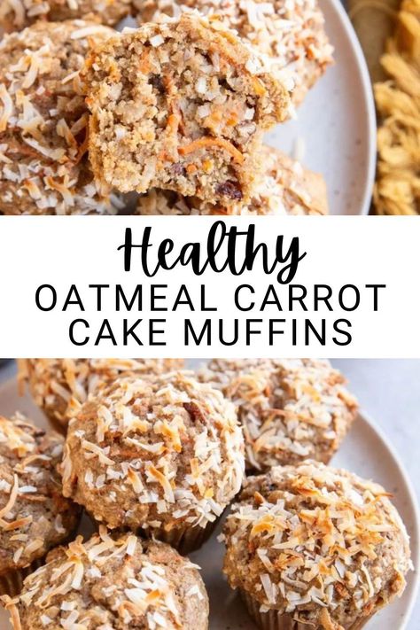 Packed with classic carrot cake flavors, these Oatmeal Carrot Cake Muffins are made with whole grain oats instead of flour. Lower in sugar and fat than standard carrot cake, these delicious muffins are the perfect treat that carrot cake lovers can enjoy on a regular basis! Post Partum Muffins, Postpartum Muffins, Carrot Protein Muffins, Carrot Muffins Healthy, Oatmeal Carrot Cake, Carrot Oatmeal Muffins, Oat Flour Muffins, Healthy Carrot Muffins, Postpartum Meal