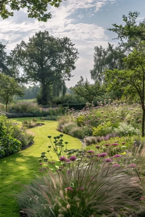 Landscape Design English Garden, Riverside Garden Ideas, Huge Garden Design, Sloped Woodland Garden, Long Garden Ideas Layout, Layered Garden Ideas, Large Garden Design Layout, Garden Design Big, Wide Garden Design Layout