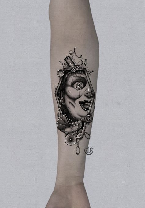 Insidious Tattoo Ideas, Annabelle Doll Tattoo, The Conjuring Tattoo Ideas, Conjuring Tattoo Ideas, Annabelle Tattoo Design, Horror Arm Sleeve Tattoo, Feminine Horror Tattoo, Insidious Tattoo, The Conjuring Tattoo