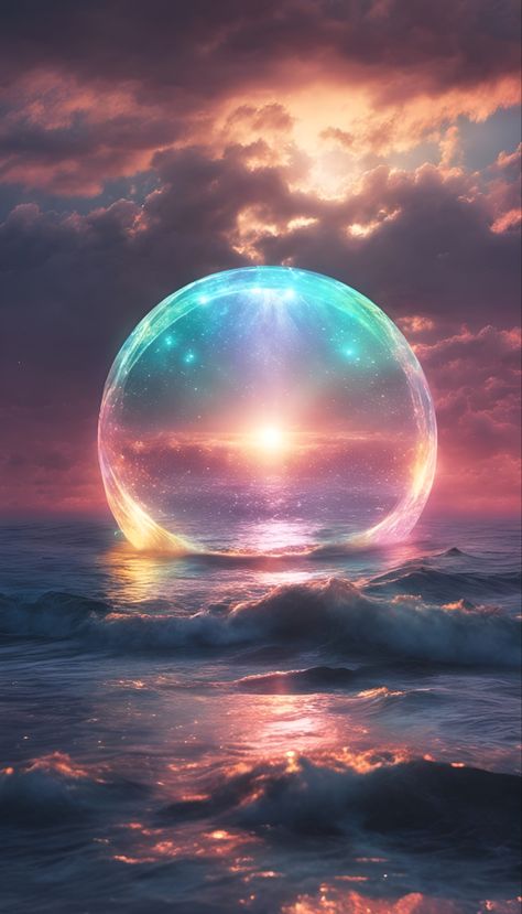 An ethereal fantasy glowing bubble of light on the ocean Light Orb Aesthetic, Fantasy Lockscreen, Orb Aesthetic, Dreamcore Aesthetic Wallpaper, Aesthetic Wallpaper Art, Orb Of Light, Dark Continent, St Germaine, Glowing Orb