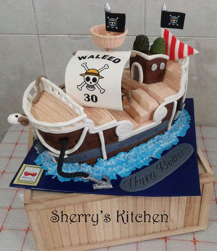 "One Piece" ship cake  Cake by Sherry's Cakes Cake Artwork, Pirate Birthday Cake, Pirate Ship Cakes, Ship Cake, Torte Creative, Pirate Themed Birthday Party, Pirate Themed Birthday, Anime Cake, Pirate Cake