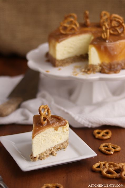 Instant Pot Salted Caramel Cheesecake | Kitchen Cents Pretzel Crust Cheesecake, Cheesecake Instant Pot, Pretzel Cheesecake, Homemade Caramel Recipes, Cream Cheese Cheesecake, Salted Caramel Pretzels, Gourmet Caramel Apples, Rich Cheesecake, Salted Caramel Cheesecake