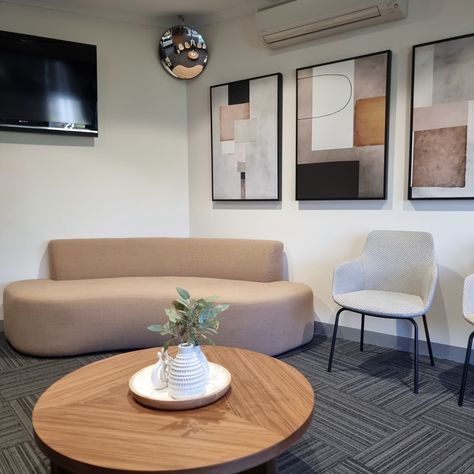 We've recently completed this beautiful transformation for @mcintyredentaladelaide! We took a typical cold and clinical feeling dental waiting room and gave it a fresh, inviting look—creating a warm, homely atmosphere while still keeping health and infection control front of mind. Every detail, from the purposefully selected fabrics to the chair styles and finishes, was chosen to balance style with practicality, ensuring the space feels welcoming without compromising on the required health f... Reception Area Design Waiting Rooms, Dental Waiting Room, Modern Waiting Room, Reception Area Design, Infection Control, Waiting Area, Waiting Rooms, Chair Style, Reception Areas