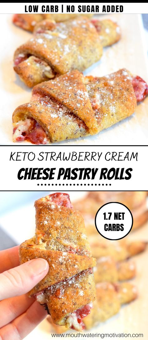 Keto Strawberry Cream Cheese Muffins, Keto Pastry Recipes, Keto Pastries, Keto Strawberry Cream Cheese, Cream Cheese And Jam, Keto Sweet Snacks, Cheese And Jam, Strawberry Cream Cheese Filling, Pastry Rolls