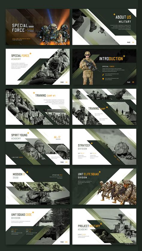 Special Force - PowerPoint Template. 30 unique slides Army Design Graphics, Army Graphic Design, Military Powerpoint, Army Design, Best Presentation Templates, Ui Design Principles, Presentation Design Layout, Page Layout Design, Special Force