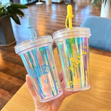 Doluble Wall Iridescent Plastic Cup with Straw Plastic Cup With Straw, Plastic Tumblers, Cup With Straw, Plastic Cup, Tumbler Cups, Straw, Tumbler, Wall