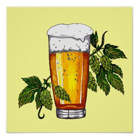 Beer Glass and Hops Poster Beer Drawing, Beer Posters, Beer Painting, Craft Beer Packaging, Beer Hops, Restaurant Design Inspiration, Beer Quotes, Text Poster, Beer Art