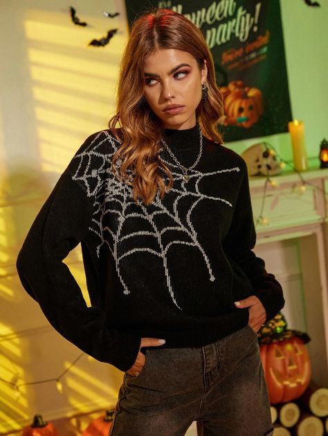 Spiderweb Pattern Mock Neck Drop Shoulder Sweater | SHEIN EUR Spiderweb Sweater, Spider Sweater, Drop Shoulder Sweater, Women Sweaters, Drop Shoulder Sweaters, Cold Weather Outfits, Shein Style, Sweater Pattern, Shoulder Sweater