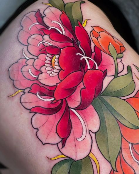 Neo Traditional Peony Tattoo Design, Peony Tattoo Pink, Gothic Peony Tattoo, Colour Peony Tattoo, Neotrad Peony Tattoo, Ornamental Peony Tattoo, Peony Neotraditional Tattoo, Cute Tattoos Flower, Realistic Peony Tattoo