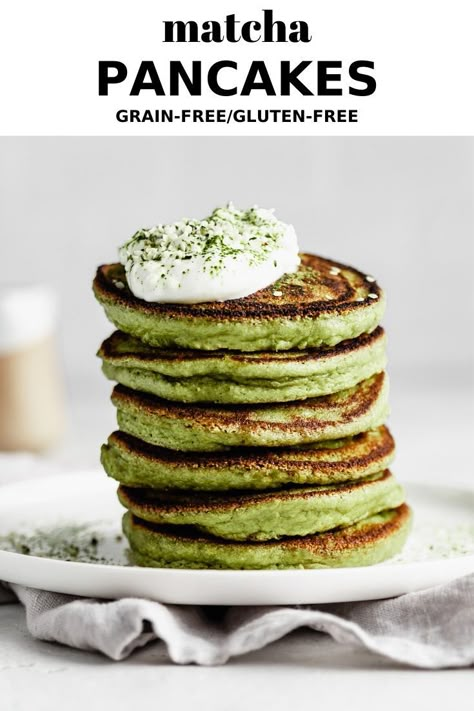 These Matcha Pancakes are completely grain-free, gluten-free and come together in just 15 minutes! They are light and fluffy, and have 10 sneaky grams of protein per serving. #grainfree #glutenfree #matcharecipe #pancakes Green Tea Pancakes, Baking Alternatives, Grain Free Pancakes, Matcha Pancakes, Green Pancakes, Light And Fluffy Pancakes, Green Tea Recipes, Matcha Recipe, Delicious Breakfast Recipes