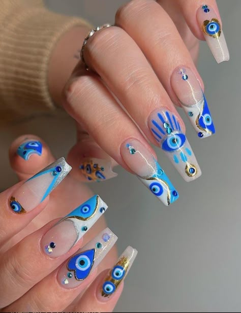 Pink Stiletto Nails, Classy Nail Art Ideas, Trendy Manicure, Evil Eye Tattoo, Evil Eye Nails, Eye Motif, Eye Nail Art, Eye Designs, Squoval Nails