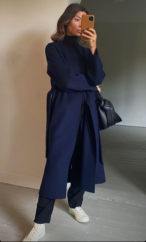 Silk Dress Outfit Winter, Wrap Coat Outfit, Blue Monochromatic Outfit, Navy Coat Outfit, Coat Outfits For Women, Silk Dresses Outfit, Winter Coat Outfits, Blue Silk Dress, Navy Outfit