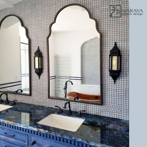 Blue Moroccan Bath in Santa Barbara, CA. Maraya Interior Design #marayainteriordesign #luxuryhomes #theglampad #vogueliving #elledecor Blue Spanish Bathroom, Moroccan Villa, Spanish Interior Design, Spanish Style Bathrooms, Tuscan Interior, Spanish Bathroom, Moroccan Bath, Mediterranean Bathroom, Talavera Sink