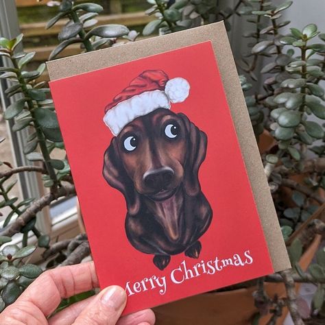 Christmas Greetings Card - Printed on Recycled Card: 'Merry Christmas'. Sausage Dog in Christmas Hat by DabbleArtByHelen on Etsy Sausage Dog Christmas, Christmas Sausage, Dog Christmas Cards, Christmas Greetings Card, Print Christmas Card, Dog Christmas Card, Cute Guinea Pigs, Dog Christmas, 9th Birthday