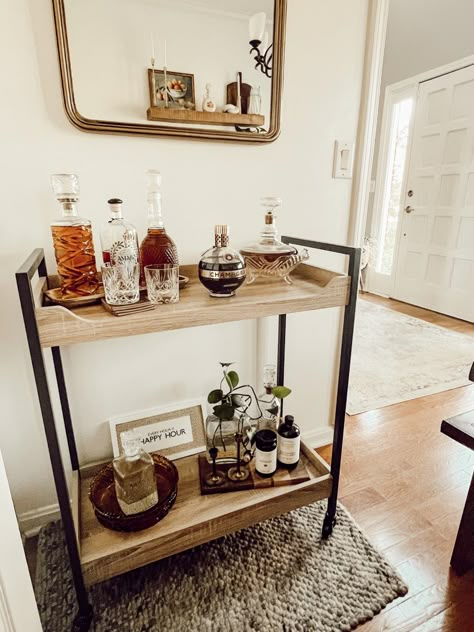 Bar Cart In Family Room, Trolley Bar Decor, Bar Cart Area Ideas, Bar Cart Whiskey, Manly Bar Cart Styling, Long Bar Cart, Bar Cart In Kitchen Ideas, Bar Cart Rustic, Bar Cart Man Cave