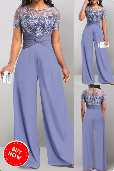 Look effortlessly stylish in this round neck lace dusty blue long jumpsuit! This versatile jumpsuit is perfect for any occasion, from a casual day out to a day at the office. The jumpsuit features a round neck, lace detailing, patchwork design, layered hem, and zipper closure. It has short regular sleeves and wide leg pants. #roundneckjumpsuit #lacejumpsuit #dustybluejumpsuit #longjumpsuit #patchworkjumpsuit #layeredjumpsuit #casualjumpsuit #workjumpsuit #everydayjumpsuit #bestdressed Jumpsuits Designs, Modern Blouse Designs, Long Jumpsuit, Jumpsuit Elegant, Stylish Party Dresses, Special Occasion Outfits, Fashionista Clothes, Evening Outfits, Long Jumpsuits