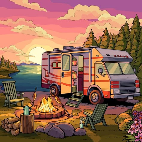 Drawing Camping, Camping Drawing, Feel Good Pictures, Camping Pics, Camping Inspiration, Kombi Home, House Cartoon, Zen Colors, Camping Photography