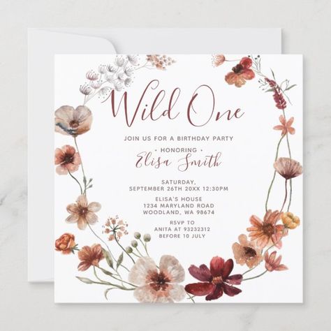 Wild One Autumn Boho Wildflowers Birthday Party Invitation Autumn Wildflowers, Wildflower Birthday Party, Fall 1st Birthdays, Birthday Elegant, Flower Birthday Party, Wildflower Watercolor, Boho Birthday Party, Fall Birthday Parties, One Year Birthday