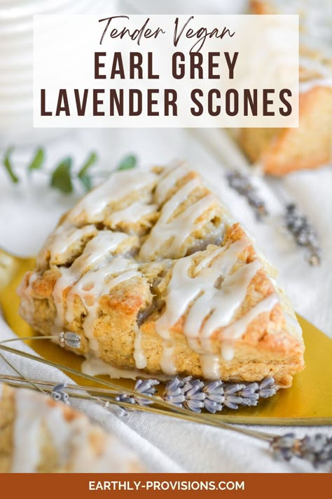 Looking for an easy vegan brunch idea? These Vegan Earl Grey Scones are soft and tender and topped with a simple lavender glaze! This easy scone recipe is flavorful and absolutely delicious. Vegan Lavender Scones, Lavender Savory Recipes, Vegan Scones Recipe, Vegan Earl Grey, Freezer Bread, Easy Vegan Brunch, Earl Grey Scones, Baking Pastries, Lavender Growing