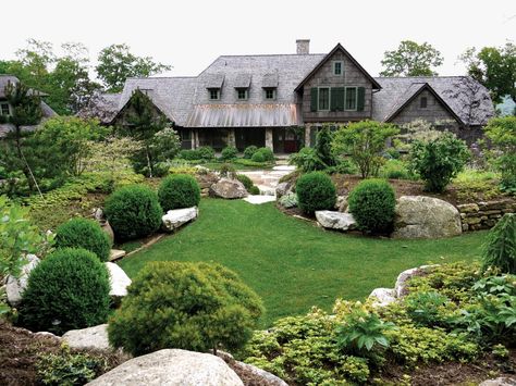 This rustic lodge features a beautiful landscape accented with large rocks. Landscaping Shrubs, Evergreen Landscape, Evergreen Garden, Large Backyard, Front Lawn, Landscape Services, Landscape Plans, Landscaping Tips, Landscaping With Rocks