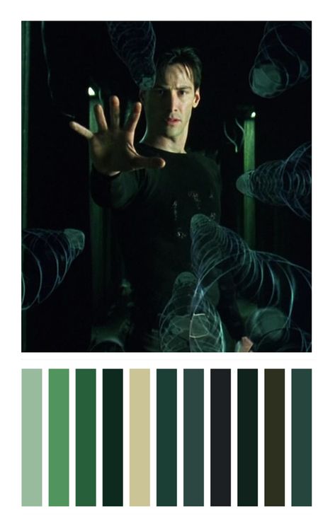 The Matrix: color palette #movies #coloepalette #moviescene #cult #filme  #paletadecores #matrix #thematrix #keanureeves #future #scifi #ficçãocientifica Matrix Color Palette, The Matrix Wallpaper, Matrix Party, The Matrix Aesthetic, Matrix Makeup, Matrix Wallpaper, Matrix Aesthetic, Matrix Fashion, Matrix Film