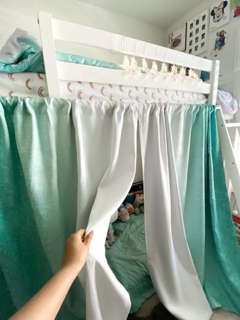 Hanging Curtains Under Loft Bed, Bunk Bed Canopy Ideas, Twin Over Full Bunk Bed Canopy, Top Bunk Bed Curtains, Lower Bunk Bed Curtains, Curtains Bunk Bed, Bunk Bed Privacy Curtains Dorm Room, Bunkbed Curtain Diy, Decorating Bunk Bed Ideas