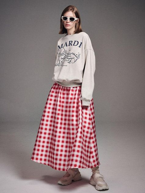 Designer fashion, Seoul-fully created | W Concept Red Gingham Skirt Outfit, Pop Of Red Outfit, Colorful Skirt Outfits, Red Plaid Skirt Outfit, Skirt And Sneakers Outfit, Gingham Skirt Outfit, Checkered Skirt Outfit, Maxi Flare Skirt, Red Skirt Outfit