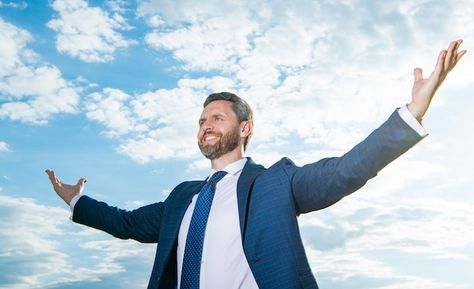 Happy man spreading arms wide open profe... | Premium Photo #Freepik #photo #successful-businessman #happy-boss #professional-man #business-man-suit Happy Stock Photo, Happy Stock Image, Arms Wide Open Pose, Buisness Attire, Hardworking Man, Arms Wide Open, Chicago Condo, Happy Boss, Man Smiling