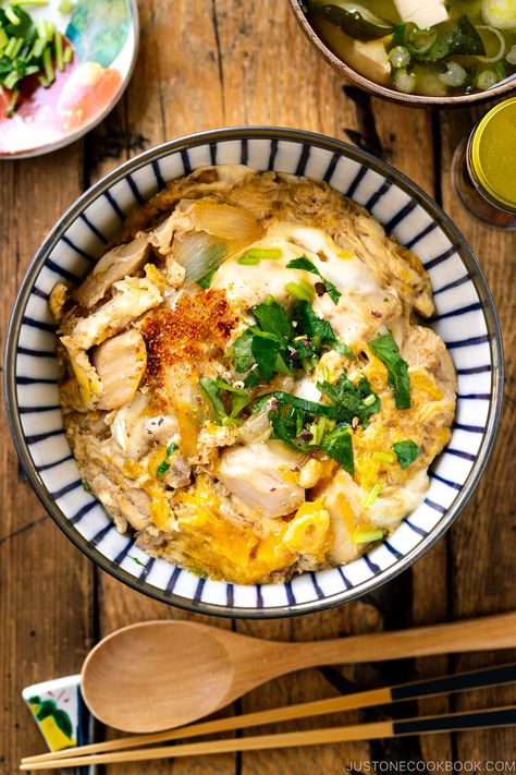 Oyakodon is cooked in one pan where the onions, chicken, and egg are simmered in an umami-rich, dashi-based sauce. It is then poured over a bowl of fluffy steamed rice. Simple, delicious, and utterly comforting, this is the kind of one-bowl meal you can cook in less than 30 minutes! #oyakodon #donburi #ricebowl | Easy Japanese Recipes at JustOneCookbook.com Japanese Oyakodon, Dashi Sauce, Chicken And Egg Rice Bowl, Oyakodon Recipe, Egg Rice Bowl, Egg Rice, Just One Cookbook, Japanese Chicken, Easy Japanese Recipes