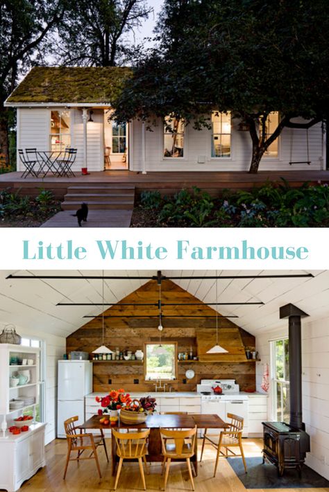 A Remodeled Tiny Farmhouse In Portland is full of small space living ideas and has a touch of shabby chic too. My fav is all the white shiplap! #Farmhouse #tinyhouse Small Farmhouse Remodel, Old Small Farmhouse, Small Farmhouse Cottage, Small Farmhouse Interior, Small White Farmhouse, Farm Bungalow, Farmhouse Guest House, Tiny Farmhouse Plans, Farmhouse Tiny Home